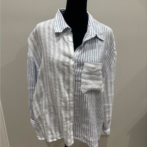 Nicole Miller Blue and White Striped Linen Shirt